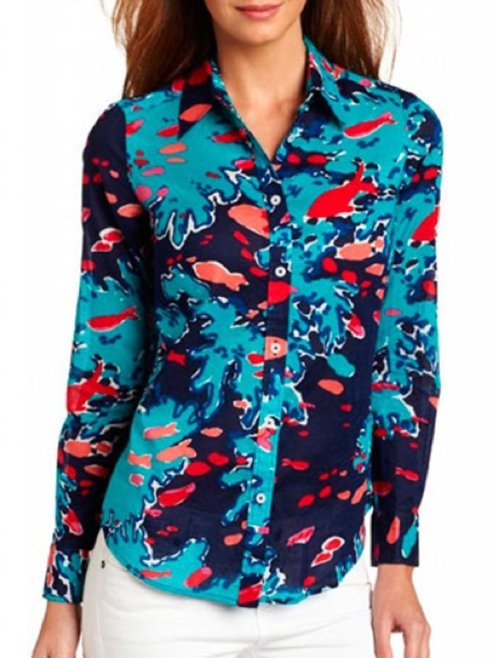 Lilly Pulitzer Cotton Fish Print Button-Up Shirt - Teal, Blue, Coral, and Red